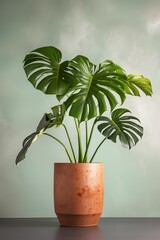 Obraz premium AI generated illustration of a Monstera plant in a pot next to a wall with clouds