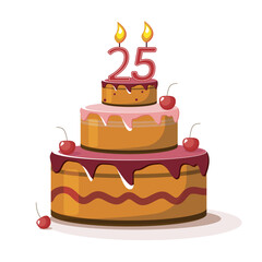 Twenty five year anniversary. Vector birthday cake. Holiday cake with candle.  Big chocolate cake. Twenty five year old. Twenty five party.