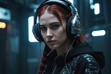 Biomechanical cyberpunk girl with headphones