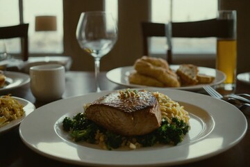  A piece of juicy meat on the plate, breakfast