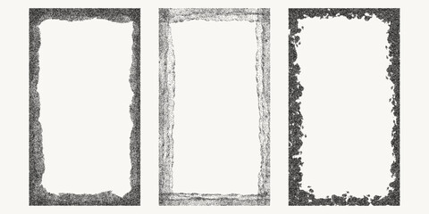 Set of black dotted textured vertical frame, noisy gritty dot halftone effect, vector illustration. Fashionable banner in grunge style. Rectangular frames for social networks, stains and drops.