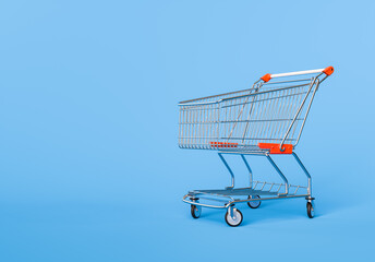 3d rendering of an empty metal shopping cart with red accents on a isolated blue background with copy space. Advertising and retail concepts.