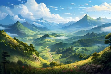 A panoramic view of undulating hills covered in vibrant greenery, merging into a towering mountain backdrop.