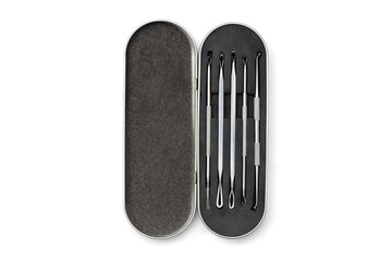 Facial Zit Care Kit with Blackhead Removal Tools in Metal Case isolated with transparent shadow