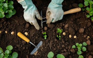 Gardening Beginnings - Hands planting seeds in fertile soil, with gardening tools and gloves, ready for spring planting. 