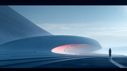 Fototapeta na wymiar A futuristic design for a futuristic building with a light on the top,, Beautiful serene futuristic landscape with futuristic architecture in the style of architectural