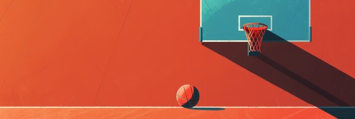 March Madness Basketball - A minimalist depiction of a basketball poised at the edge of a hoop, capturing the excitement of March Madness without showcasing any specific team. 