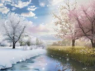 Spring Awakening - A serene landscape transitioning from winter to spring, with half covered in snow and the other in blooming flowers. 