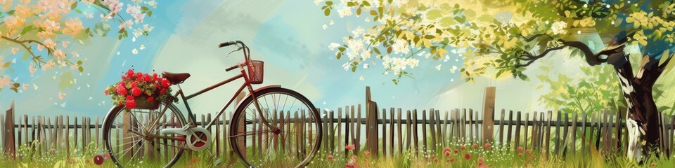 Spring Bike Ride - A bicycle with a flower basket in front, leaning against a wooden fence surrounded by blooming nature.  - Powered by Adobe