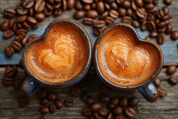 two cups of coffee with foam in the shape of a heart