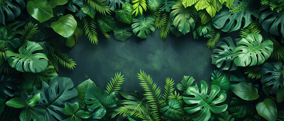 Green tropical leaf background with copy space in the middle top view.