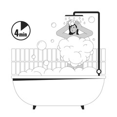 Taking shorter shower black and white cartoon flat illustration. South asian bathtub woman 2D lineart character isolated. Reduce electricity usage. Water conservation monochrome vector outline image