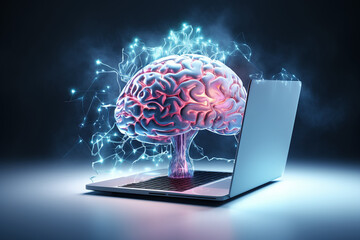 A digital artwork featuring a human brain with electrical currents arcing around it, symbolically emerging from an open laptop.