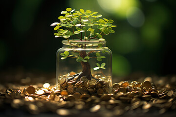 A small tree with fresh leaves grows inside a glass jar placed amidst a pile of shiny golden coins, symbolizing financial growth and investment.
