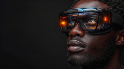A black man in VR glasses watches 360 degree video with a virtual reality headset on a black background. - obrazy, fototapety, plakaty