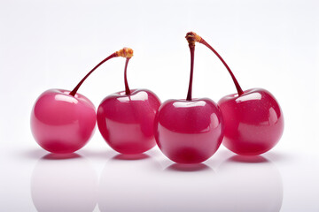 five red cherries are on white background