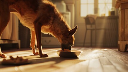 a dog eating food from a bowl