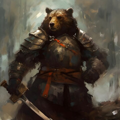 Warrior bear clad in battle armor, sword in hand, stands as a fantastical guardian of ancient woodlands and mythical battlefields, embodying medieval valor. Ideal for fantasy game characters. 