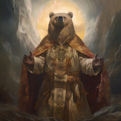Majestic bear robed in regal finery stands with authority, a powerful blend of animal majesty, wisdom, and royal symbolism against a celestial backdrop. Ideal for fantasy storytelling. 