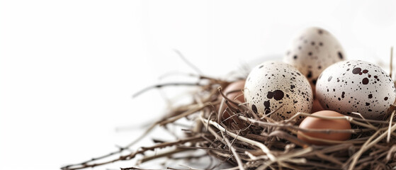 Easter eggs in a nest, white background, copy space, Easter banner mockup