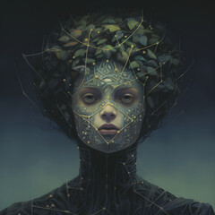 Mystical being with a crown of leaves and cybernetic patterns, creating a surreal portrait that blurs the line between human and digital art. Symbolizing technology and nature. 