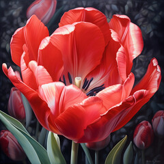 Radiant red tulip petals bloom vibrantly against a dark garden, their intricate beauty offering a feast for the senses in a striking natural contrast. Impressively suited for media. 