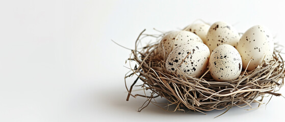 Easter eggs in a nest, white background, copy space, Easter banner mockup