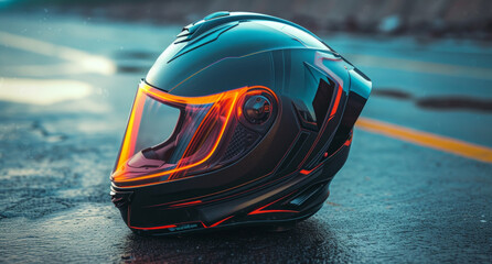 motorcycle helmet on a concrete floor with yellow and orange reflective