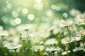 Obraz na płótnie Canvas photo of some daisies near the grass and sun rays