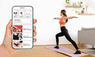 Home workout and yoga with sports mobile application. Fitness mobile app interface on display of...