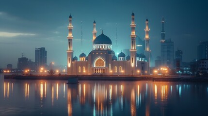Fototapeta na wymiar Beautiful minimalistic night background with a large beautiful mosque