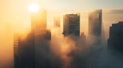 The sun emerges, casting a golden hue over skyscrapers shrouded in dense morning fog, capturing the essence of an early city awakening. - obrazy, fototapety, plakaty