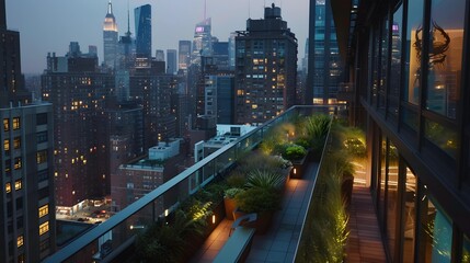 An evening view from a lush rooftop garden terrace overlooking a bustling cityscape with glowing skyscrapers at dusk.