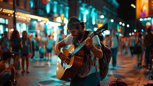 An enthusiastic street musician strums his guitar, entertaining passersby on a vibrant city sidewalk illuminated by nightlife.