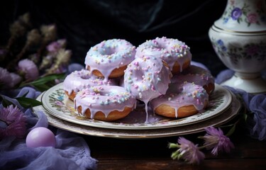 Obraz na płótnie Canvas donuts on a plate surrounded by Easter eggs.