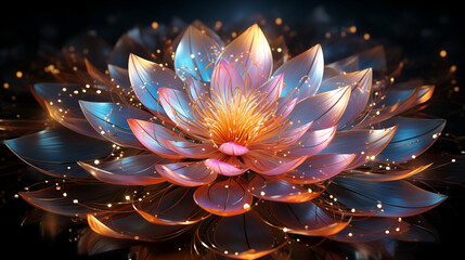 Artistic rendering of a blooming lotus flower with a radiant orange center surrounded by luminous, translucent petals in shades of blue, pink, and orange, all set against a dark background with sparkl