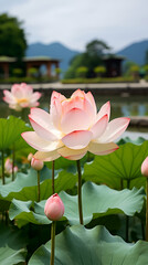 Pink lotus flower partially open, with a focus on the delicate petals and a soft glow, against a background of a traditional Asian garden with mountains, under a clear sky