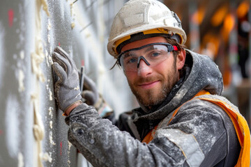 Obraz premium Construction worker in hard hat. Portrait of a laborer.