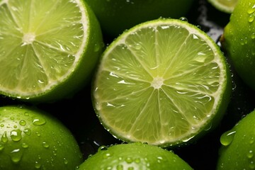 Limes with wet droplets, a seamless background for food photography created using various tools. Generative AI