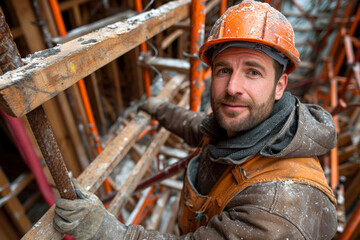 Fototapeta na wymiar Construction worker in hard hat. Laborer working under harsh conditions.