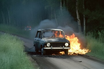 Burning car on rural road. Generative AI