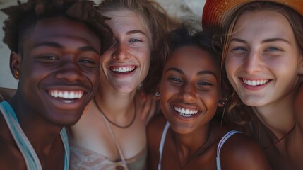 Fototapeta premium Friends laugh joyfully and look at the camera.