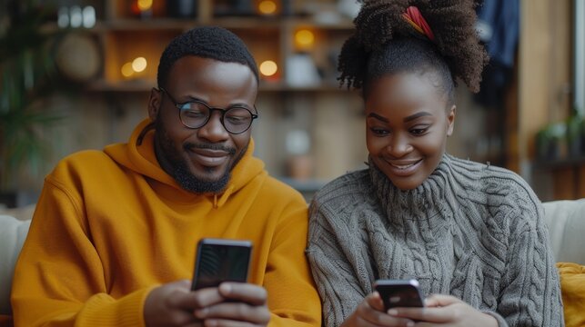 Stylish african couple holding smart phones having fun online, guy pointing to photos, girl explaining new cool free online application, isolated on gray studio background.