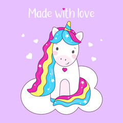 Vector image of a cute unicorn on a purple background for postcards