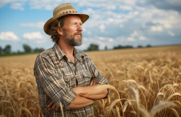 Naklejka na ściany i meble farmer in a wheat field standing at the edge of a field.