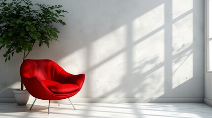 Minimalistic white interior with a bright red modern armchair, ficus