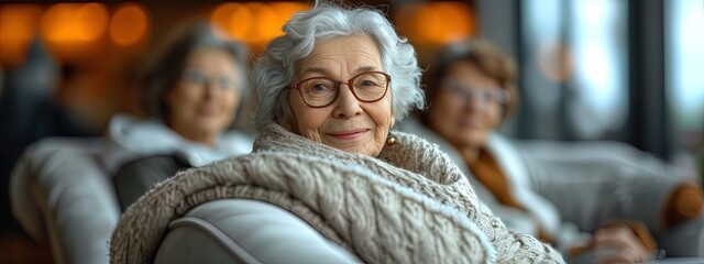 Happy elderly people friends sitting in comfortable armchairs in nursing home, blurred people on the background. Companionship community and happiness in later years