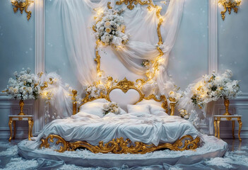 A luxurious white and gold bed is the centerpiece of the room, surrounded by white flowers and fairy lights. The bed has a gold headboard and footboard and white sheets.