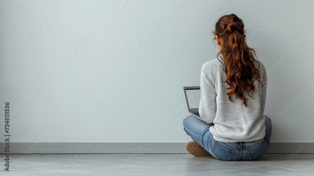 Poster using a laptop on a white background, woman is sitting on the floor and using a blank screen. mockup