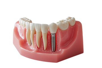 dental model featuring multiple implants, demonstrating various tooth replacement options.